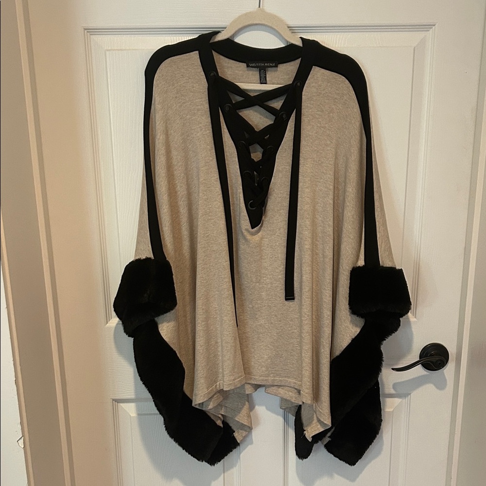 Saks Fifth Avenue Lace-Up Poncho with Faux Fur Trim